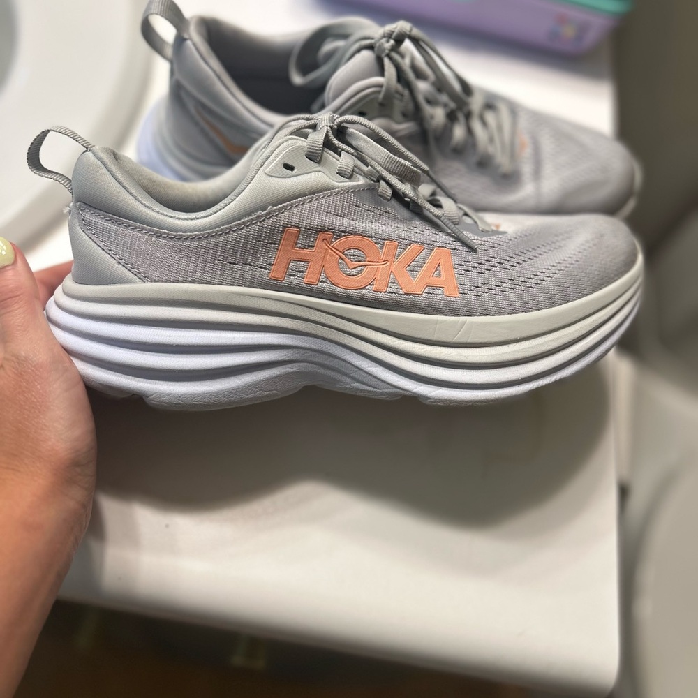 Hoka Bondi 8 in Harbor Mist and Lunar Rock Gray Athletic Shoes Width B - Picture 3 of 13